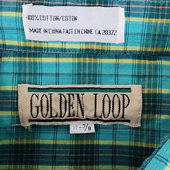 Vtg Cotton Plaid Long Sleeve Collared Button Down Shirt Turquoise Green Yellow - Picture 15 of 16